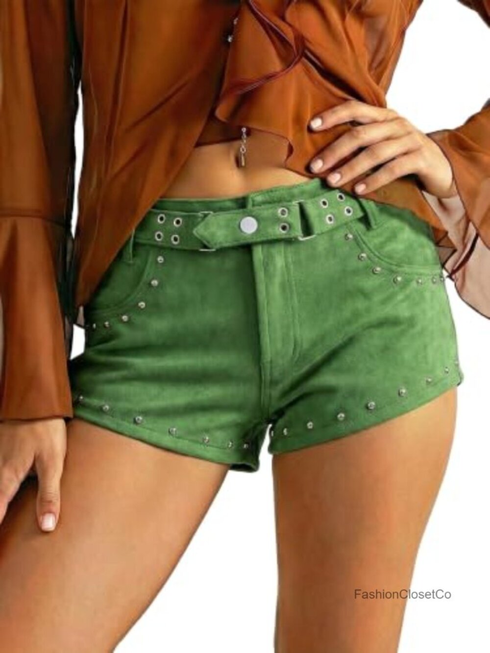 Women's Mid Rise Faux Suede Studded Mini Shorts with Decorative Belt Country